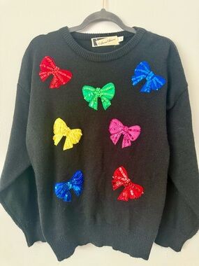 EUC Vintage Sans Souci 80s Black Sweater Colorful Sequin Bow Applique